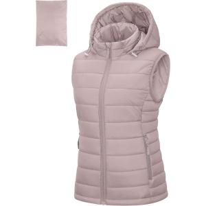 imageOutdoor Ventures Womens Lightweight Packable Hooded Puffer Vest Outerwear Zip Up Warm Sleeveless Winter Jacket Quilted CoatPale Rosy