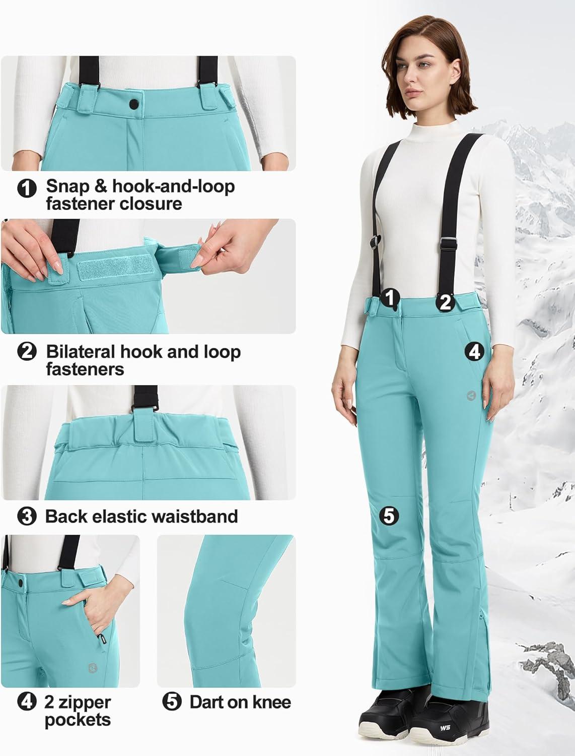 imageOutdoor Ventures Womens Ski Snow Bib Pants Warm Insulated Waterproof Snowboard Softshell Pants with Detachable BibBlue