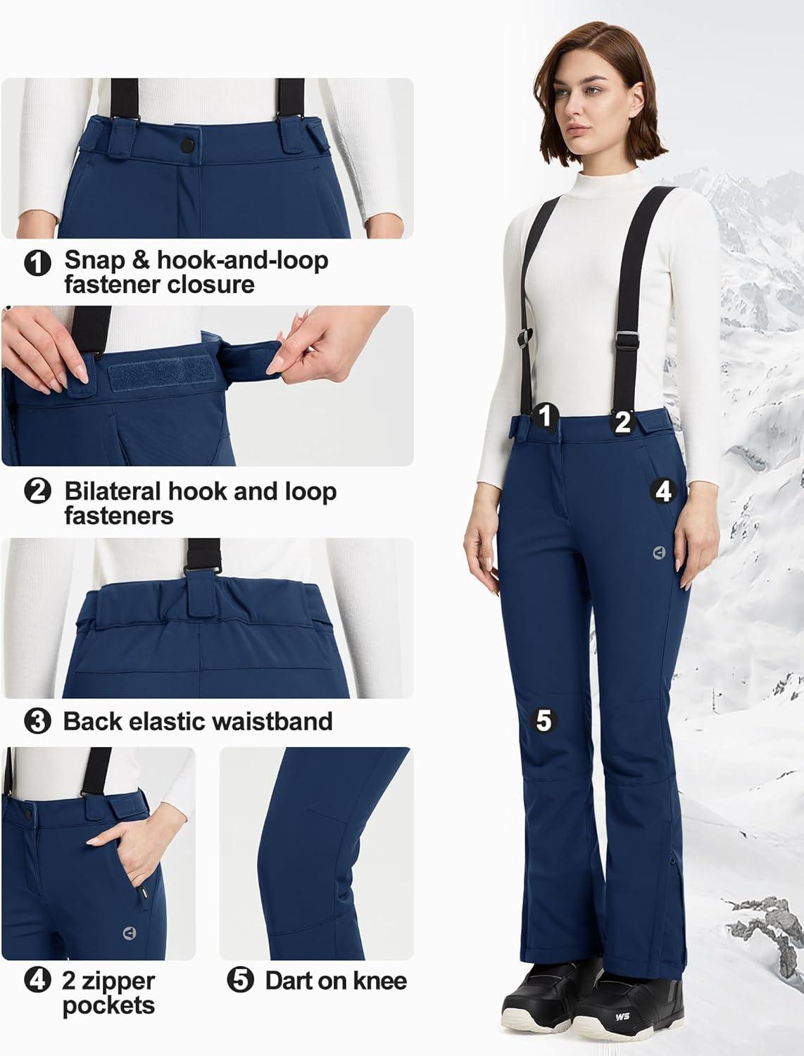 imageOutdoor Ventures Womens Ski Snow Bib Pants Warm Insulated Waterproof Snowboard Softshell Pants with Detachable BibNavy Blue