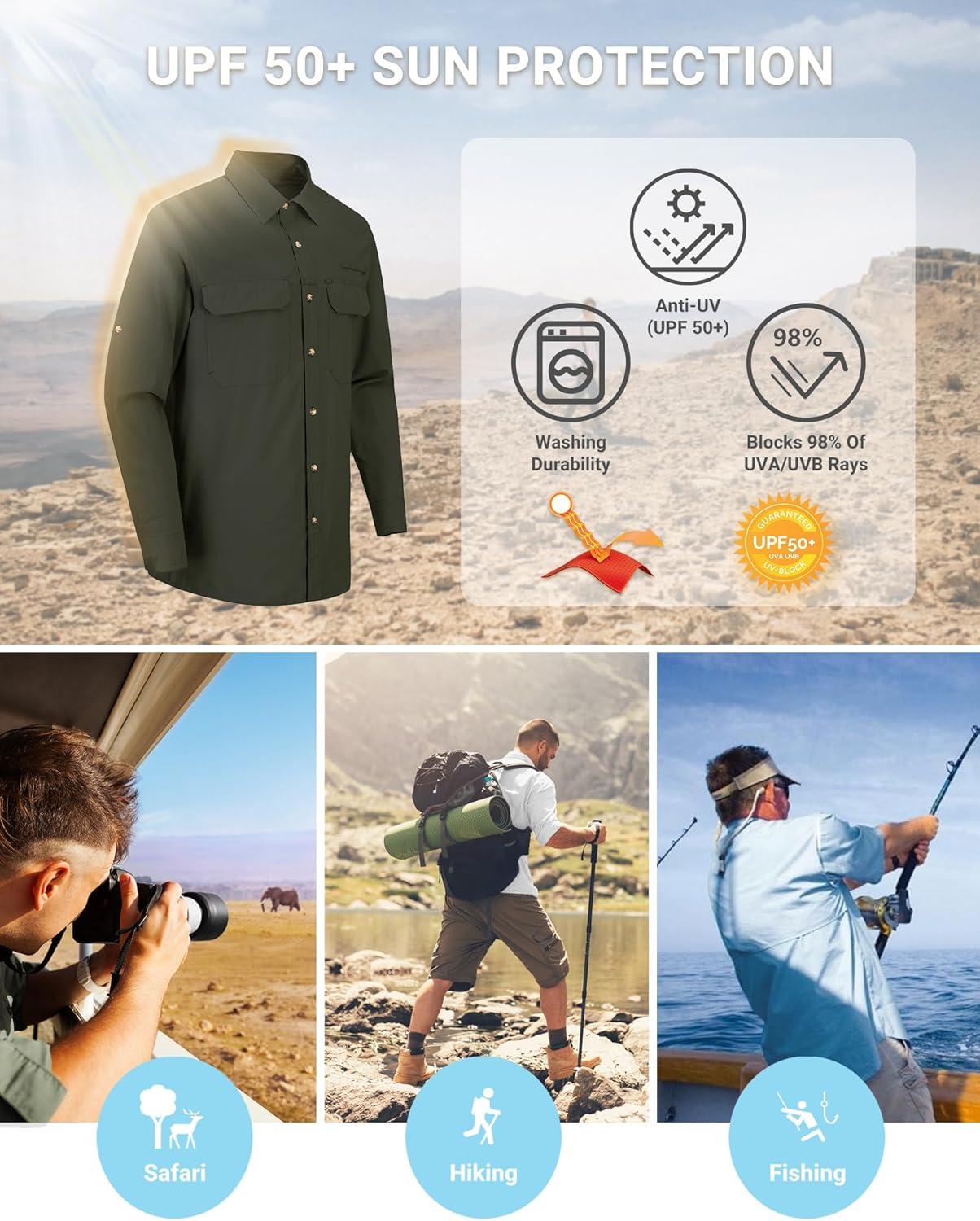 imageOutdoor Ventures Mens UPF 50 UV Sun Protection Shirt Long Sleeve Hiking Fishing Shirt Cooling Quick Dry for Safari TravelArmy Green