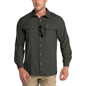 imageOutdoor Ventures Mens UPF 50 UV Sun Protection Shirt Long Sleeve Hiking Fishing Shirt Cooling Quick Dry for Safari TravelArmy Green