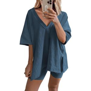 imageAiloqing 2 Piece Outfits for Women Summer Oversized V Neck T Shirt Biker Short Sets Hot Shot Reversible SetBlue
