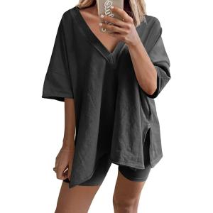 imageAiloqing 2 Piece Outfits for Women Summer Oversized V Neck T Shirt Biker Short Sets Hot Shot Reversible SetDarkgrey