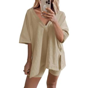 imageAiloqing 2 Piece Outfits for Women Summer Oversized V Neck T Shirt Biker Short Sets Hot Shot Reversible SetKhaki