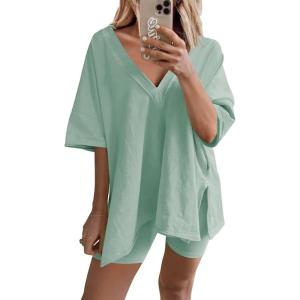 imageAiloqing 2 Piece Outfits for Women Summer Oversized V Neck T Shirt Biker Short Sets Hot Shot Reversible SetLightteal