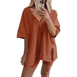 imageAiloqing 2 Piece Outfits for Women Summer Oversized V Neck T Shirt Biker Short Sets Hot Shot Reversible SetRust