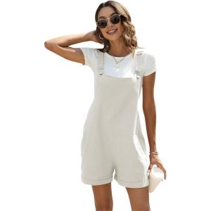 imageAiloqing Womens Cotton Linen Short Overalls Casual Summer Bib Shortalls Rompers with PocketsWhite