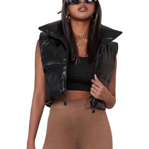 imageAiloqing Womens Faux Leather Puffer Vest Zip Up Sleeveless Winter Cropped Jacket2blackcropped