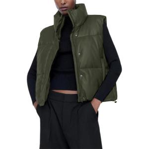imageAiloqing Womens Faux Leather Puffer Vest Zip Up Sleeveless Winter Cropped JacketArmygreen