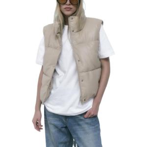 imageAiloqing Womens Faux Leather Puffer Vest Zip Up Sleeveless Winter Cropped JacketBeige