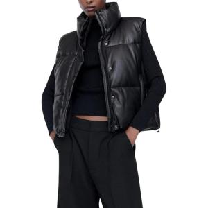 imageAiloqing Womens Faux Leather Puffer Vest Zip Up Sleeveless Winter Cropped JacketBlack