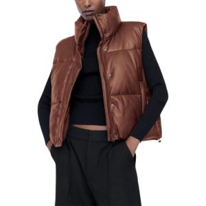 imageAiloqing Womens Faux Leather Puffer Vest Zip Up Sleeveless Winter Cropped JacketCoffee