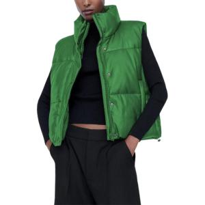 imageAiloqing Womens Faux Leather Puffer Vest Zip Up Sleeveless Winter Cropped JacketGreen