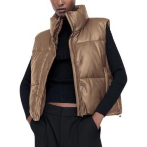 imageAiloqing Womens Faux Leather Puffer Vest Zip Up Sleeveless Winter Cropped JacketKhaki