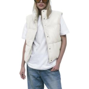 imageAiloqing Womens Faux Leather Puffer Vest Zip Up Sleeveless Winter Cropped JacketWhite