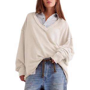 imageAiloqing Womens Loose Casual Sweatshirts VNeck Long Sleeve Pullover Top Fall Winter OutfitsBeige
