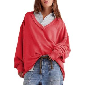 imageAiloqing Womens Loose Casual Sweatshirts VNeck Long Sleeve Pullover Top Fall Winter OutfitsRed