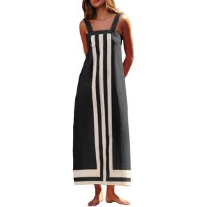imageAiloqing 2025 Women Bohemian Floral Dress Summer Casual Color Block Maxi Beach Overall Dress CoverupsBlack