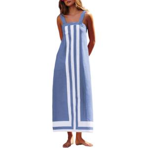 imageAiloqing 2025 Women Bohemian Floral Dress Summer Casual Color Block Maxi Beach Overall Dress CoverupsBlue