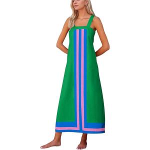 imageAiloqing 2025 Women Bohemian Floral Dress Summer Casual Color Block Maxi Beach Overall Dress CoverupsGreenblue