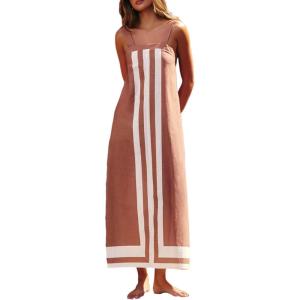 imageAiloqing 2025 Women Bohemian Floral Dress Summer Casual Color Block Maxi Beach Overall Dress CoverupsKhaki