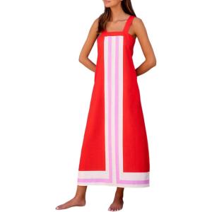 imageAiloqing 2025 Women Bohemian Floral Dress Summer Casual Color Block Maxi Beach Overall Dress CoverupsRed