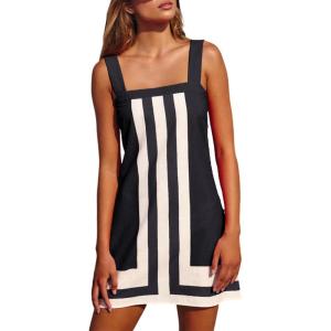 imageAiloqing 2025 Women Boho Floral Mini Dress Summer Casual Color Block Beach Overall Striped Dress CoverupsBlack