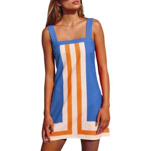 imageAiloqing 2025 Women Boho Floral Mini Dress Summer Casual Color Block Beach Overall Striped Dress CoverupsBlue