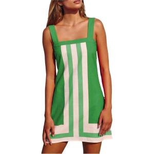 imageAiloqing 2025 Women Boho Floral Mini Dress Summer Casual Color Block Beach Overall Striped Dress CoverupsGreen