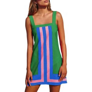 imageAiloqing 2025 Women Boho Floral Mini Dress Summer Casual Color Block Beach Overall Striped Dress CoverupsGreenblue