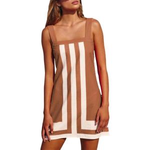 imageAiloqing 2025 Women Boho Floral Mini Dress Summer Casual Color Block Beach Overall Striped Dress CoverupsKhaki