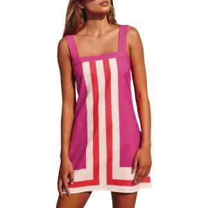 imageAiloqing 2025 Women Boho Floral Mini Dress Summer Casual Color Block Beach Overall Striped Dress CoverupsPurple