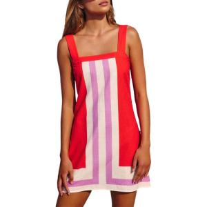 imageAiloqing 2025 Women Boho Floral Mini Dress Summer Casual Color Block Beach Overall Striped Dress CoverupsRed