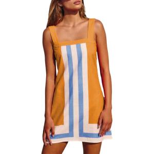 imageAiloqing 2025 Women Boho Floral Mini Dress Summer Casual Color Block Beach Overall Striped Dress CoverupsYellow