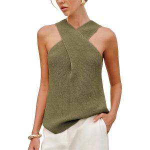 imageAiloqing 2025 Womens Knit Crossover Strap Sleeveless Tank Top Summer Casual Lightweight Vest Daily Outings Beach Travel TopsArmygreen