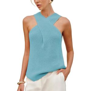imageAiloqing 2025 Womens Knit Crossover Strap Sleeveless Tank Top Summer Casual Lightweight Vest Daily Outings Beach Travel TopsBlue