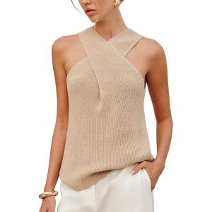 imageAiloqing 2025 Womens Knit Crossover Strap Sleeveless Tank Top Summer Casual Lightweight Vest Daily Outings Beach Travel TopsKhaki