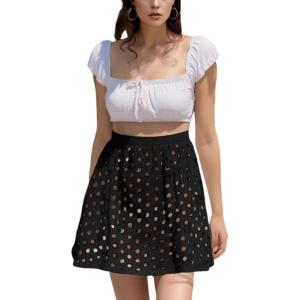 imageAiloqing 2025 Summer Casual Short Skirt for Women Cotton Eyelet Beach Mini Skirt Cover Up SkortBlack