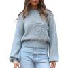 imageAiloqing Womens Long Puff Sleeve Sweater Floral Crewneck Ribbed Knit Pullover Loose Casual TopBlue