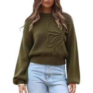 imageAiloqing Womens Long Puff Sleeve Sweater Floral Crewneck Ribbed Knit Pullover Loose Casual TopArmygreen
