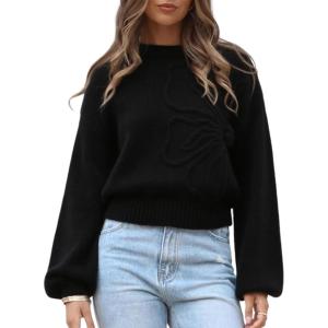 imageAiloqing Womens Long Puff Sleeve Sweater Floral Crewneck Ribbed Knit Pullover Loose Casual TopBlack