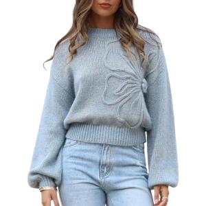 imageAiloqing Womens Long Puff Sleeve Sweater Floral Crewneck Ribbed Knit Pullover Loose Casual TopBlue