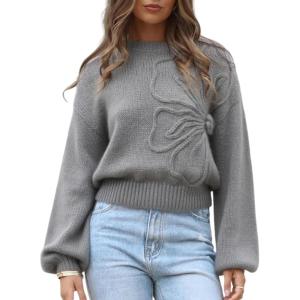 imageAiloqing Womens Long Puff Sleeve Sweater Floral Crewneck Ribbed Knit Pullover Loose Casual TopGrey