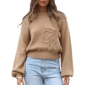 imageAiloqing Womens Long Puff Sleeve Sweater Floral Crewneck Ribbed Knit Pullover Loose Casual TopKhaki