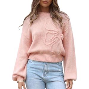 imageAiloqing Womens Long Puff Sleeve Sweater Floral Crewneck Ribbed Knit Pullover Loose Casual TopPink