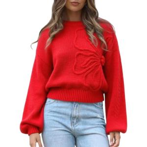 imageAiloqing Womens Long Puff Sleeve Sweater Floral Crewneck Ribbed Knit Pullover Loose Casual TopRed
