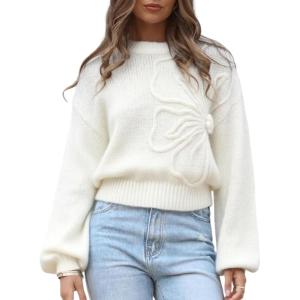 imageAiloqing Womens Long Puff Sleeve Sweater Floral Crewneck Ribbed Knit Pullover Loose Casual TopWhite