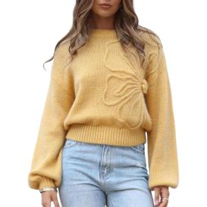 imageAiloqing Womens Long Puff Sleeve Sweater Floral Crewneck Ribbed Knit Pullover Loose Casual TopYellow