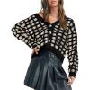 imageAiloqing Womens Checkered Cardigans Sweaters V Neck Button Down Long Sleeve Cable Knit Outerwear TopsBlack