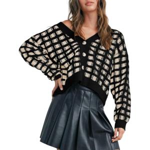 imageAiloqing Womens Checkered Cardigans Sweaters V Neck Button Down Long Sleeve Cable Knit Outerwear TopsBlack